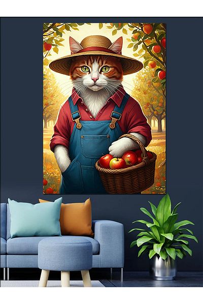 Tablomega Cat Holding an Apple in the Basket Decorative Canvas - Mdf Wooden Painting