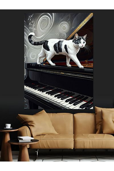 Tablomega Cat on Piano Decorative Canvas - Mdf Wooden Painting