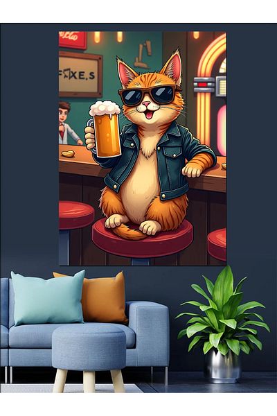 Tablomega Cat in the Pub Decorative Canvas - Mdf Wooden Painting