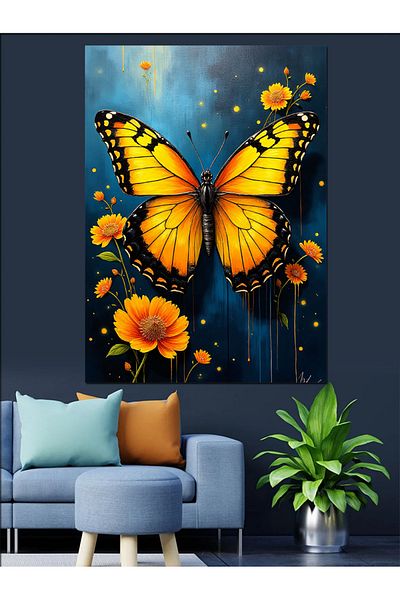 Tablomega Yellow Butterfly and Flowers Decorative Canvas - Mdf Wooden Painting