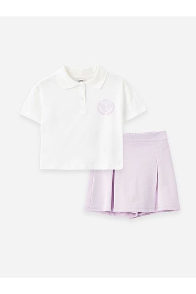 LC Waikiki Lcw Kids Ekru Polo Neck Printed Girls T-Shirt and Shorts Skirt