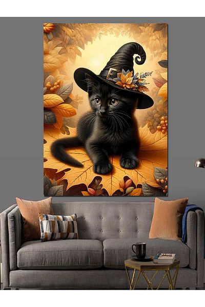 Tablomega Cat Wearing a Witch Hat Decorative Canvas - Mdf Wooden Painting