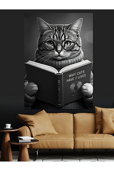 Tablomega Cat Reading a Book Decorative Canvas - Mdf Wood Art Print