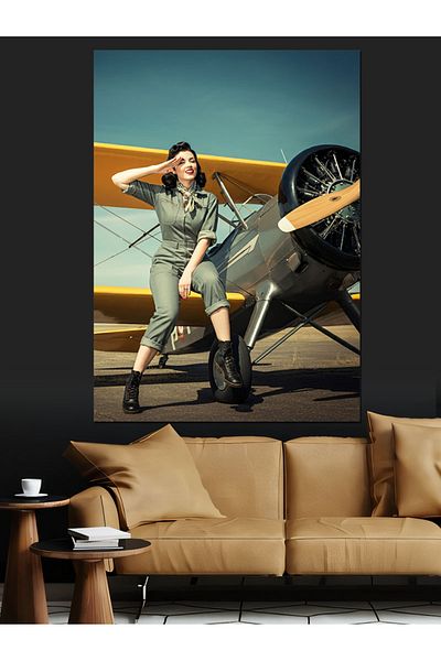 Tablomega Pilot Woman Decorative Canvas - Mdf Wooden Painting