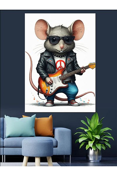 Tablomega Mouse Playing Guitar Decorative Canvas - Mdf Wooden Painting