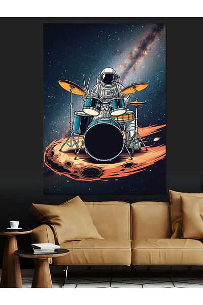 Tablomega Moon Drum and Astronaut Decorative Canvas - Mdf Wooden Painting