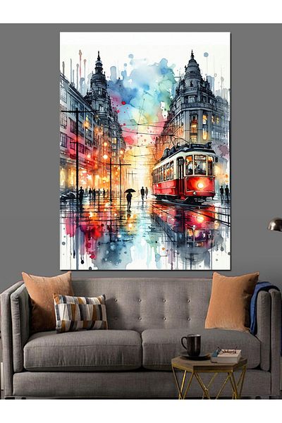 Tablomega Red Tram and People Decorative Canvas - Mdf Wooden Painting