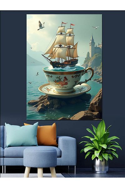 Tablomega Sailboat in a Cup Decorative Canvas - Mdf Wooden Painting