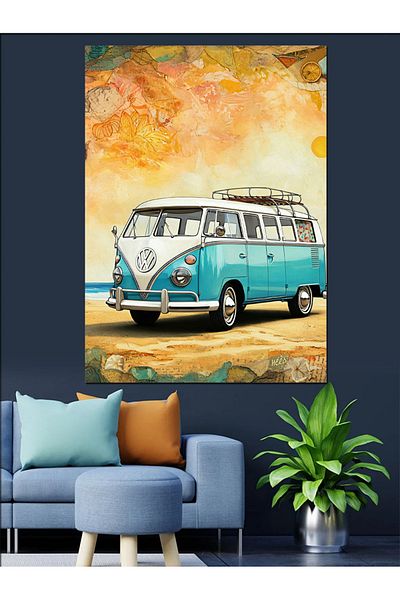 Tablomega Blue Caravan Decorative Canvas - Mdf Wooden Table