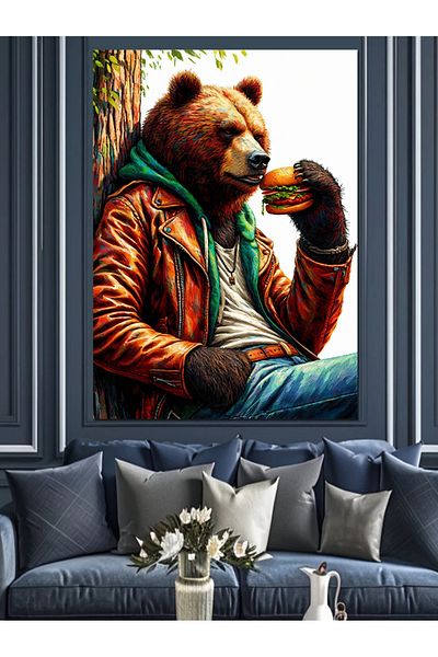 Tablomega Bear Eating Hamburger Decorative Canvas - Mdf Wooden Painting