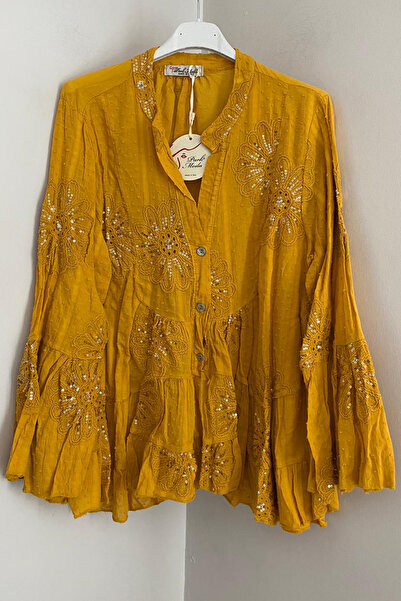 AYASOFYA OTANTIK Kadın Italyan Safran Krizantem İşlemeli Pul Detaylı Uzun İsp...