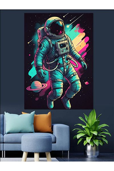 Tablomega Neon Astronaut Decorative Canvas - Mdf Wooden Table