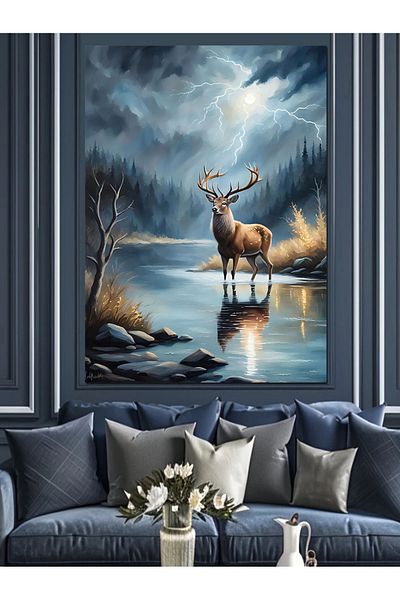 Tablomega Deer by the Lake Decorative Canvas - Mdf Wooden Painting