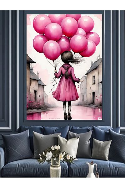 Tablomega Girl Carrying Pink Balloons Decorative Canvas - Mdf Wooden Painting