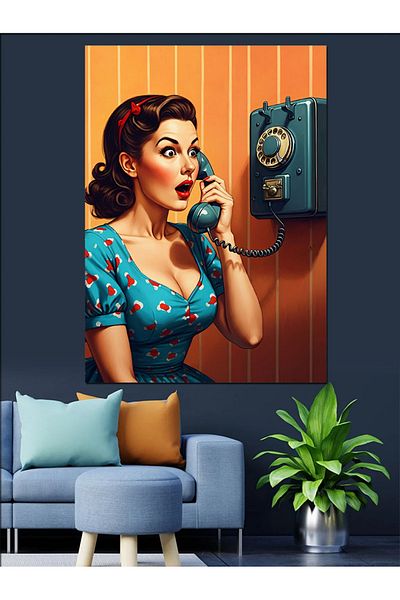 Tablomega Woman with Old Phone Decorative Canvas - Mdf Wooden Painting