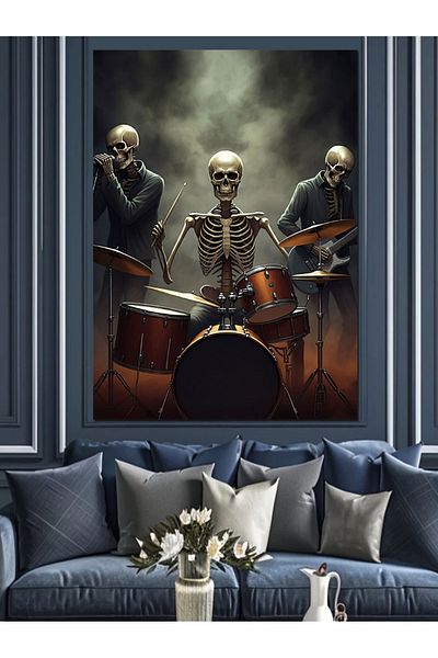 Tablomega Skeleton Drummers Decorative Canvas - Mdf Wooden Painting