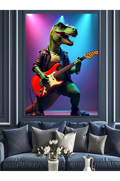 Tablomega Dinosaur Playing Guitar Decorative Canvas - Mdf Wooden Painting