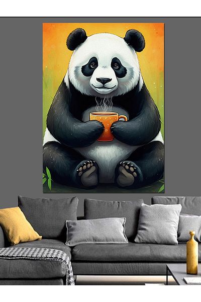 Tablomega Panda Drinking Coffee Decorative Canvas - Mdf Wooden Table