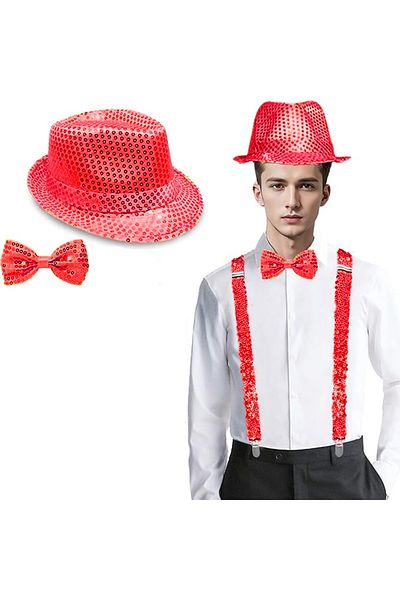 SAVA HOME COLLECTİON Red Sequin Hat and Bowtie Set - Adult Costume Kit with Glitter