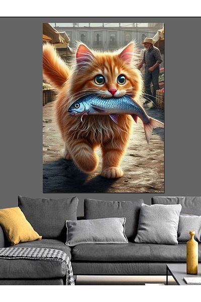 Tablomega Fish Caught Cat Decorative Canvas - Mdf Wooden Painting