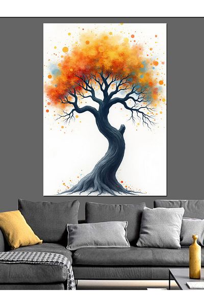 Tablomega Orange Leaf Tree Decorative Canvas - Mdf Wooden Table
