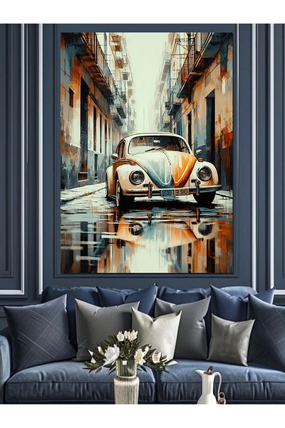 Tablomega Nostalgic Vosvos Car on the Street Decorative Canvas - Mdf Wooden Painting