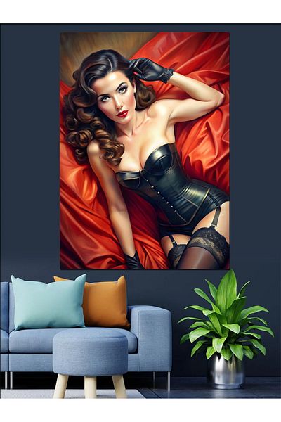 Tablomega Model Decorative Canvas with Red Curtain - Mdf Wooden Table