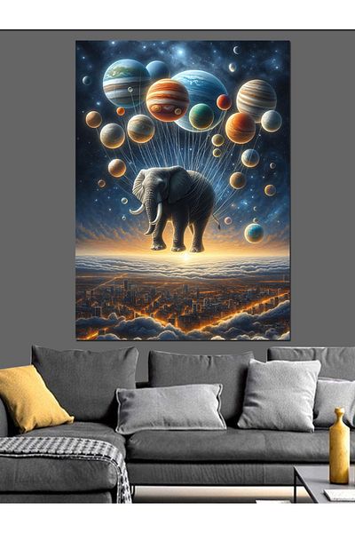 Tablomega Elephant among Planets Decorative Canvas - Mdf Wooden Painting