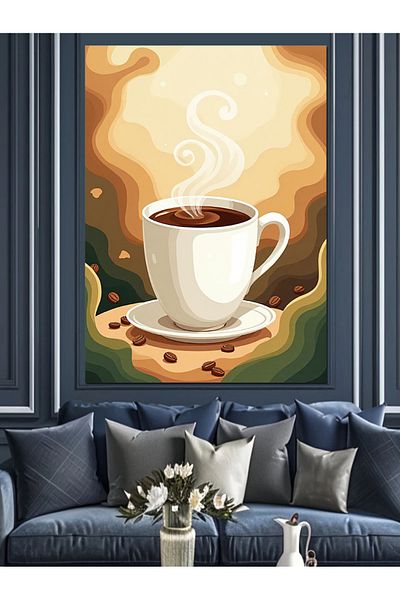 Tablomega Steam Coffee Cup Decorative Canvas - Mdf Wooden Table