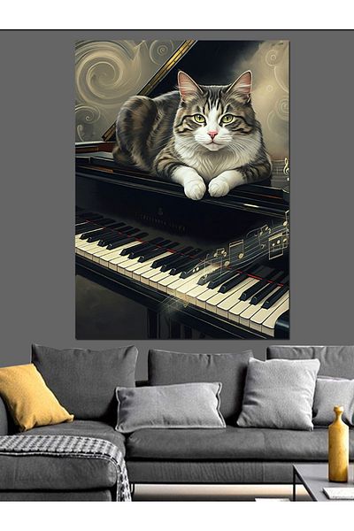 Tablomega Cat on the Piano Decorative Canvas - Mdf Wooden Painting