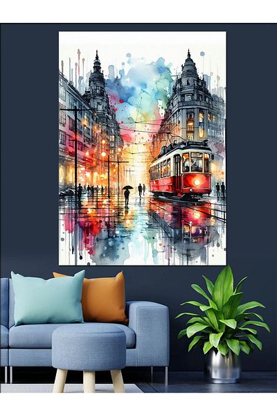 Tablomega Red Tram and People Decorative Canvas - Mdf Wooden Painting