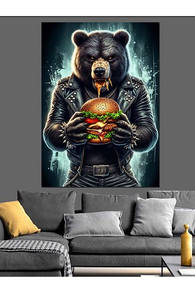 Tablomega Bear Eating Hamburger in Leather Jacket Decorative Canvas - Mdf Wooden Painting