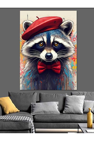 Tablomega Beret Raccoon Decorative Canvas - Mdf Wooden Table