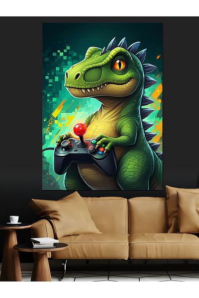 Tablomega Dinosaur Playing Video Game Decorative Canvas - Mdf Wooden Painting