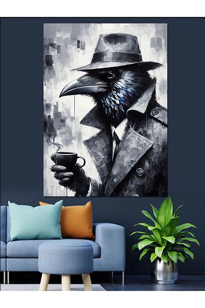 Tablomega Detective Crow with Umbrella Decorative Canvas - Mdf Wooden Painting