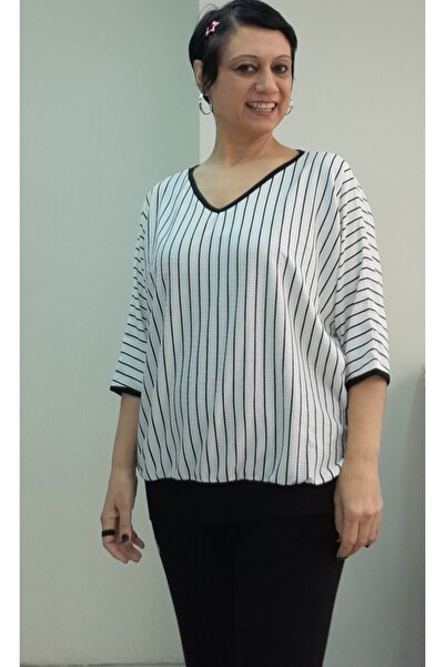 Mertcan Butik Λευκή μαύρη ριγέ φούστα με λαιμόκοψη V με μανσέτα νυχτερίδα με μανίκια τριών τετάρτων χτενισμένο βισκόζη μπλουζάκι