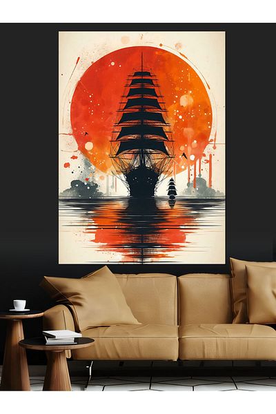 Tablomega Red Moon and Ship Decorative Canvas - Mdf Wooden Painting