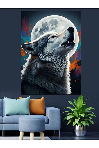 Tablomega Howling Wolf in Moonlight Decorative Canvas - Mdf Wooden Painting