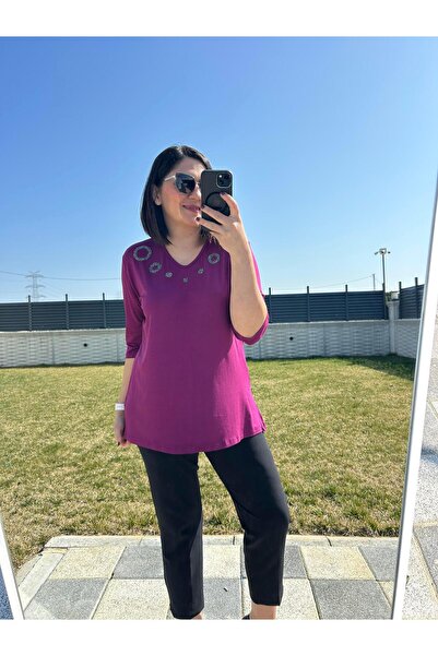 charamela Kadın Büyük Beden Taş Detaylı Mor Bluz-bgb123 - Charamela