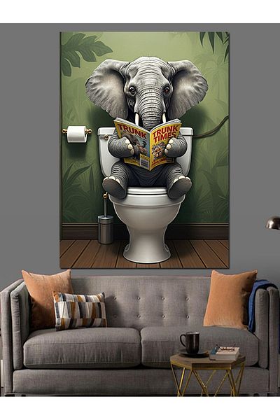 Tablomega Elephant Reading Newspaper in the Toilet Decorative Canvas - Mdf Wooden Painting