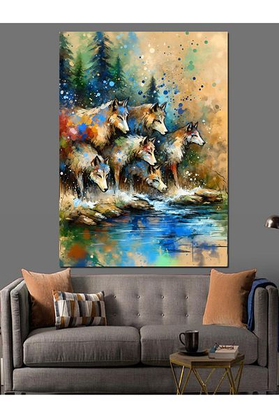 Tablomega Wolves in Water Decorative Canvas - Mdf Wooden Painting