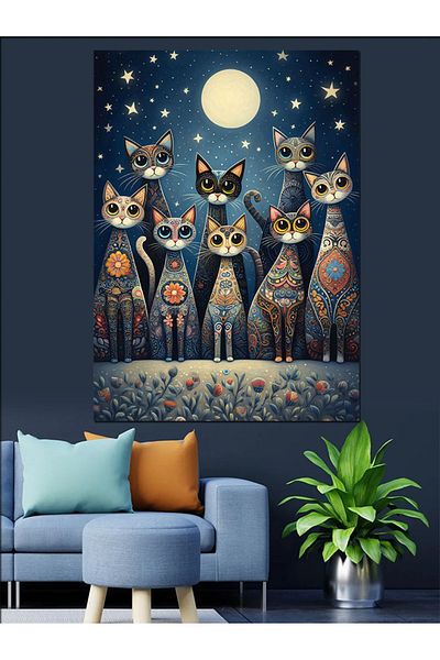 Tablomega Night Cats Decorative Canvas - Mdf Wooden Painting
