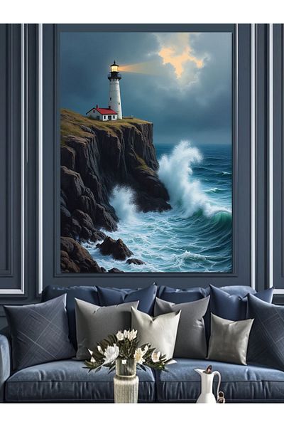 Tablomega Lighthouse in the Storm Decorative Canvas - Mdf Wooden Painting