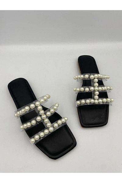 Ömer Ediz Shoes Papuci de damă PERPA cu bretele transparente cu detalii perle – Sandale plate de vară