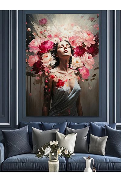 Tablomega Woman Decorative Canvas with Flowers - Mdf Wooden Painting