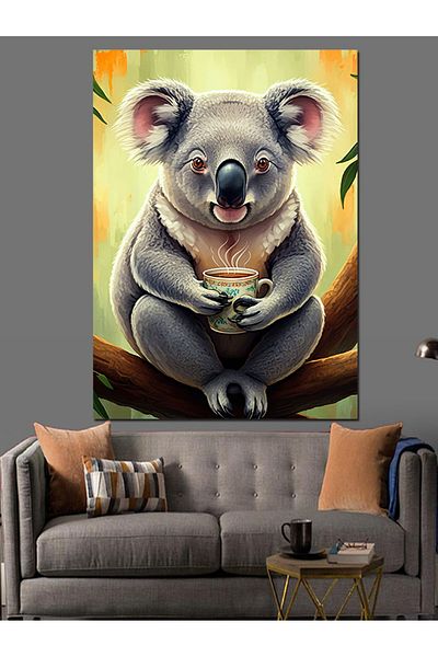 Tablomega Coffee Drinking Koala Decorative Canvas - Mdf Wooden Table