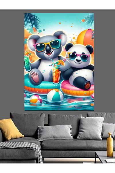 Tablomega Koala and Panda in the Pool Decorative Canvas - Mdf Wooden Painting