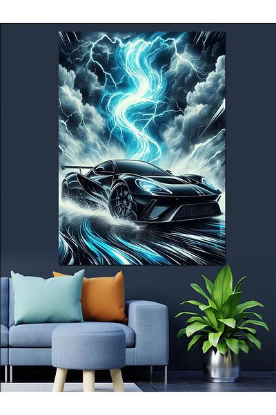 Tablomega Sports Car in the Storm Decorative Canvas - Mdf Wooden Painting