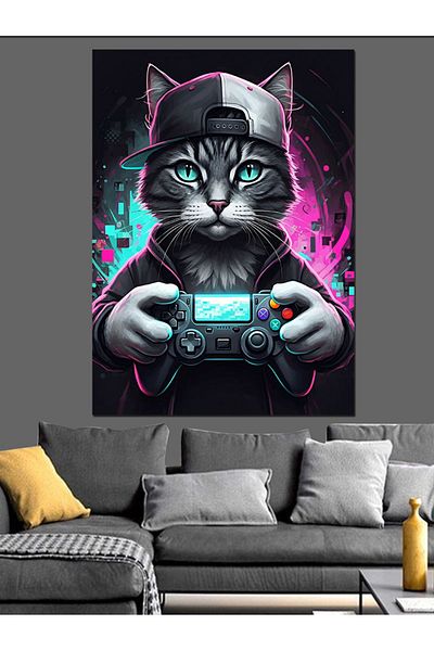 Tablomega Cat Playing with Game Console Decorative Canvas - Mdf Wooden Painting