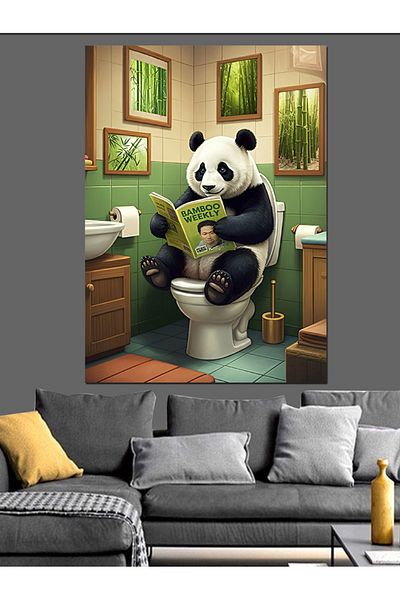 Tablomega Panda citind ziare pe toaletă Pânză decorativă - Lemn MDF